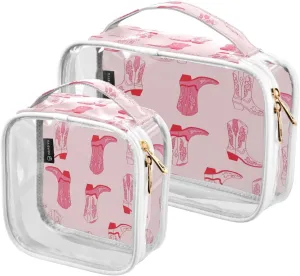 2 Pack Clear Makeup Bag with Handles Different Cowgirl Boots PVC Waterproof Clear Toiletry Bag for Women Men Traveling Pink Retro Carry on Clear Travel Pouch Cosmetic Bags