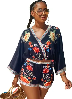 2 Piece Outfits for Women Summer Two Piece Crop Top Shorts Set Boho Floral Print Romper Jumpsuit