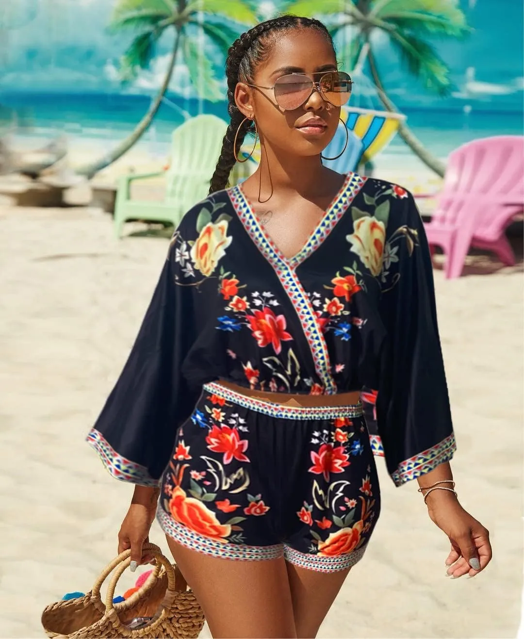 2 Piece Outfits for Women Summer Two Piece Crop Top Shorts Set Boho Floral Print Romper Jumpsuit