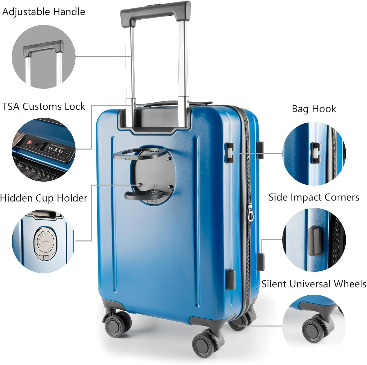 20-Inch Hardshell Carry-On Luggage with Front Compartment, 360-Degree Spinner Wheels, TSA Lock, Cup Holder & Bag Hook - Airline Approved Business Travel Suitcase (Blue)