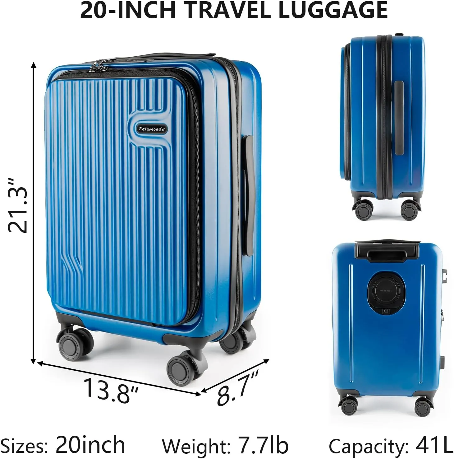 20-Inch Hardshell Carry-On Luggage with Front Compartment, 360-Degree Spinner Wheels, TSA Lock, Cup Holder & Bag Hook - Airline Approved Business Travel Suitcase (Blue)