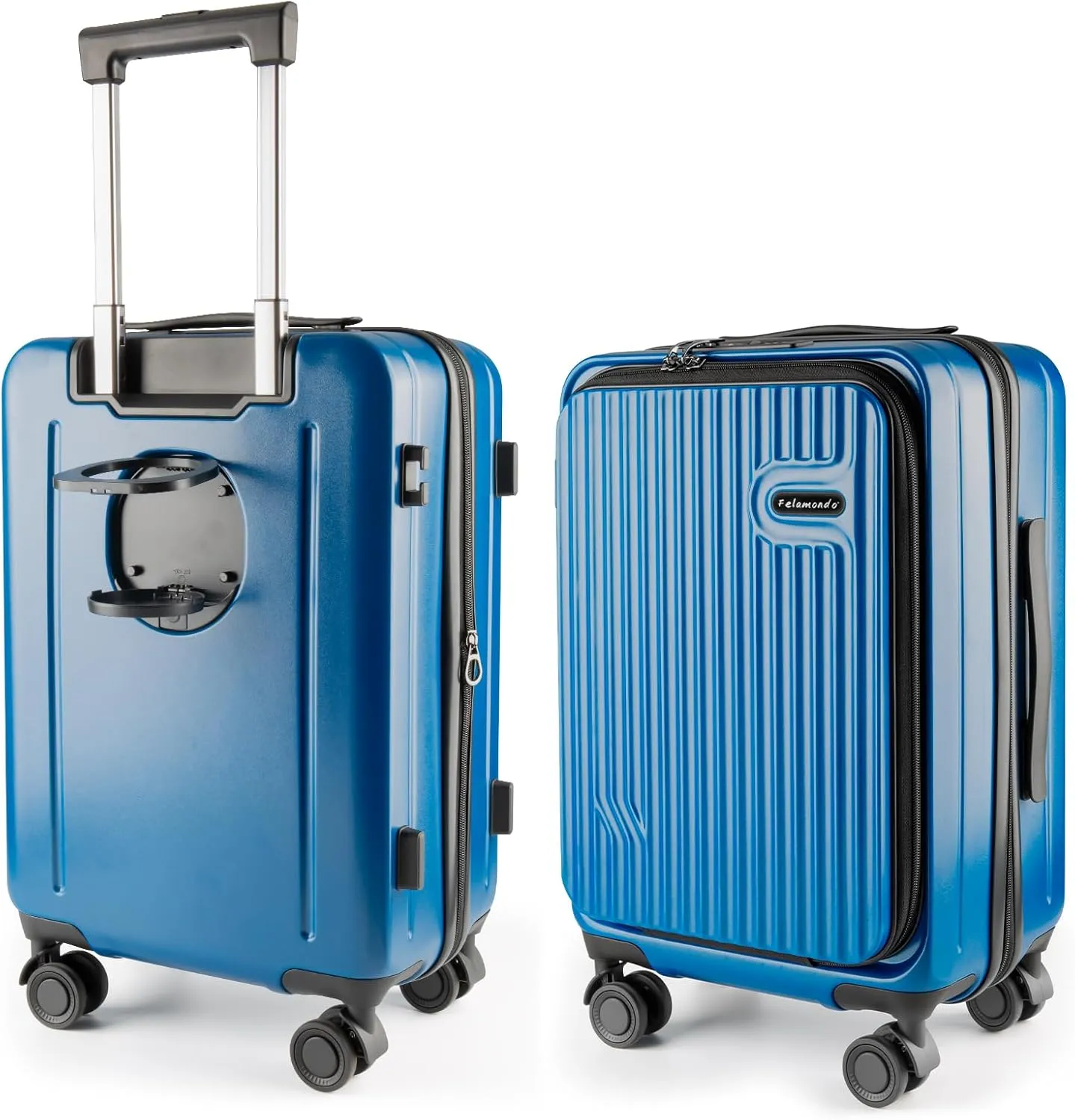 20-Inch Hardshell Carry-On Luggage with Front Compartment, 360-Degree Spinner Wheels, TSA Lock, Cup Holder & Bag Hook - Airline Approved Business Travel Suitcase (Blue)