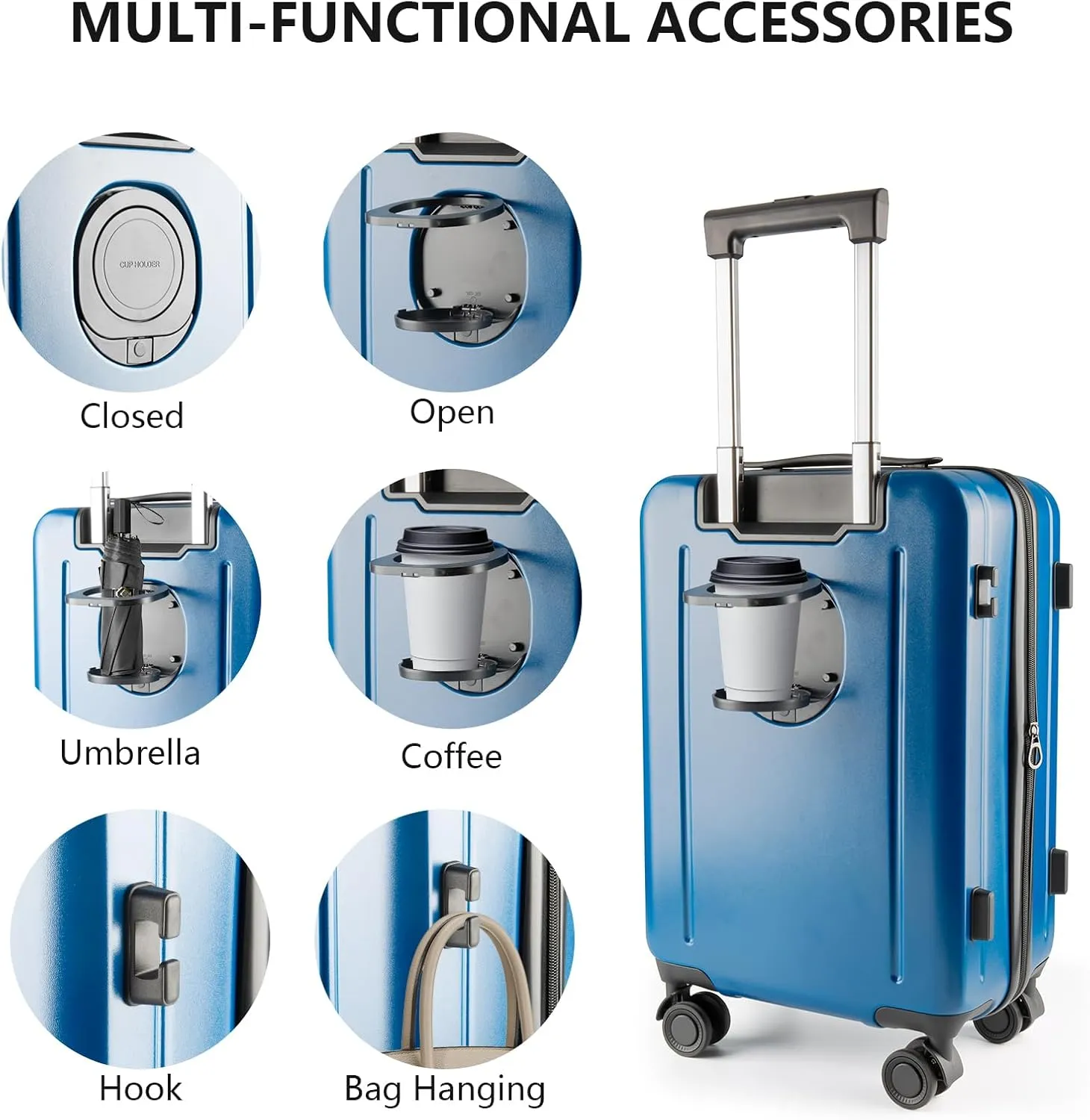 20-Inch Hardshell Carry-On Luggage with Front Compartment, 360-Degree Spinner Wheels, TSA Lock, Cup Holder & Bag Hook - Airline Approved Business Travel Suitcase (Blue)