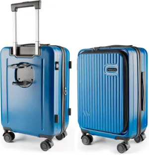 20-Inch Hardshell Carry-On Luggage with Front Compartment, 360-Degree Spinner Wheels, TSA Lock, Cup Holder & Bag Hook - Airline Approved Business Travel Suitcase (Blue)
