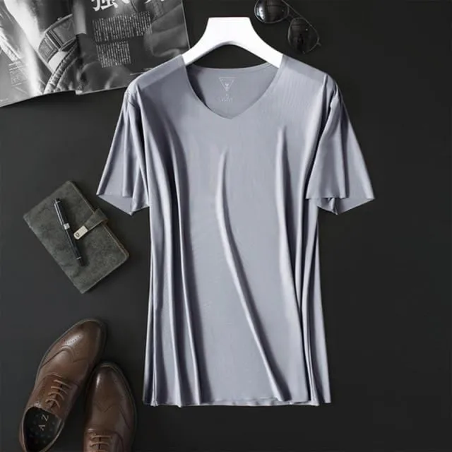 2020 Men's Thin Non-Marking Slim V-Neck Bottoming Fashion Men's Short-Sleeved Ice Silk Summer Solid Color T-Shirt
