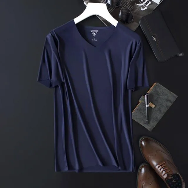 2020 Men's Thin Non-Marking Slim V-Neck Bottoming Fashion Men's Short-Sleeved Ice Silk Summer Solid Color T-Shirt