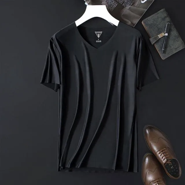 2020 Men's Thin Non-Marking Slim V-Neck Bottoming Fashion Men's Short-Sleeved Ice Silk Summer Solid Color T-Shirt