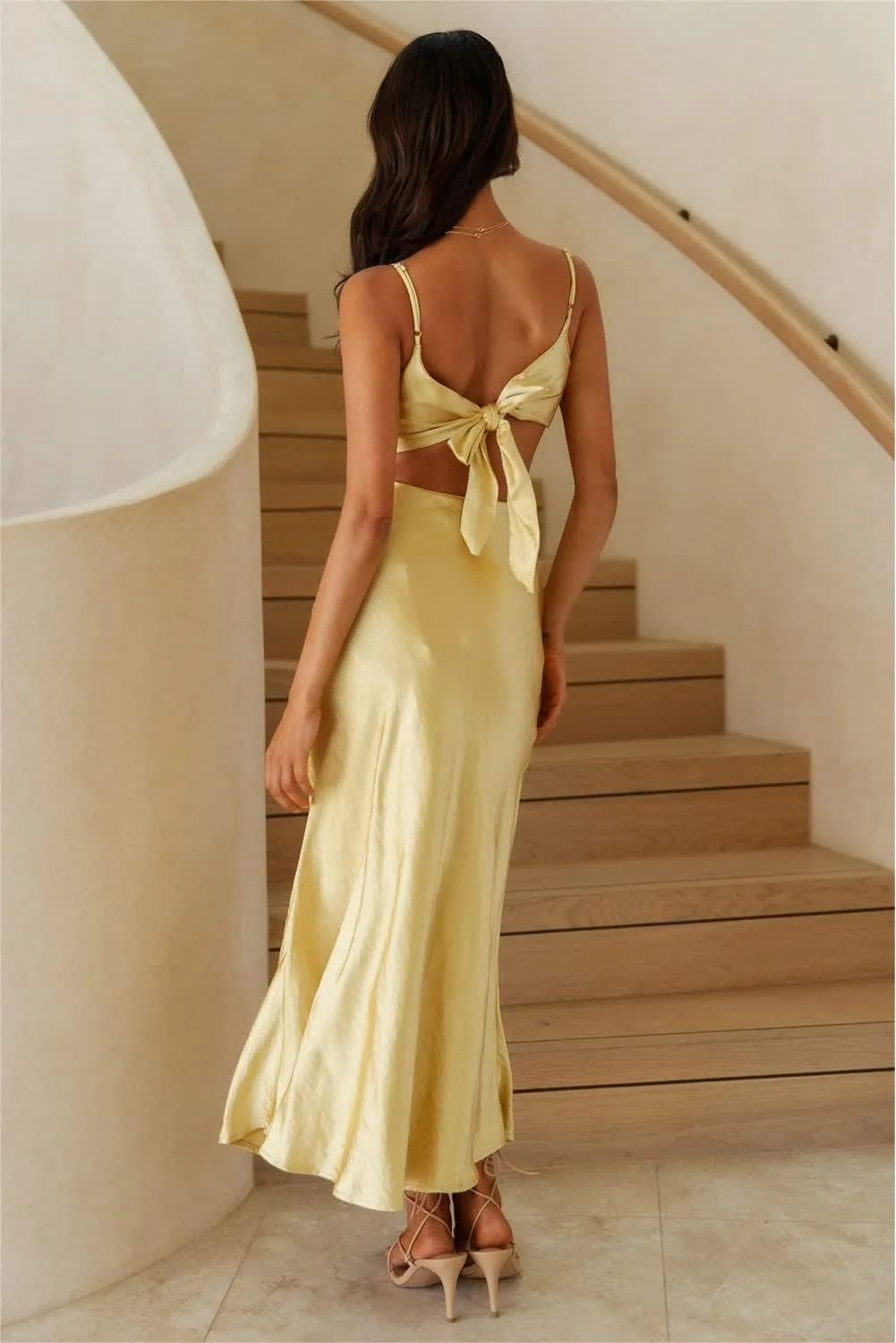 2025 Satin Cut Out Maxi Summer Dresses for Women Silk Spaghetti Strap V-Neck Backless Tie Back Wedding Guest Midi Dress