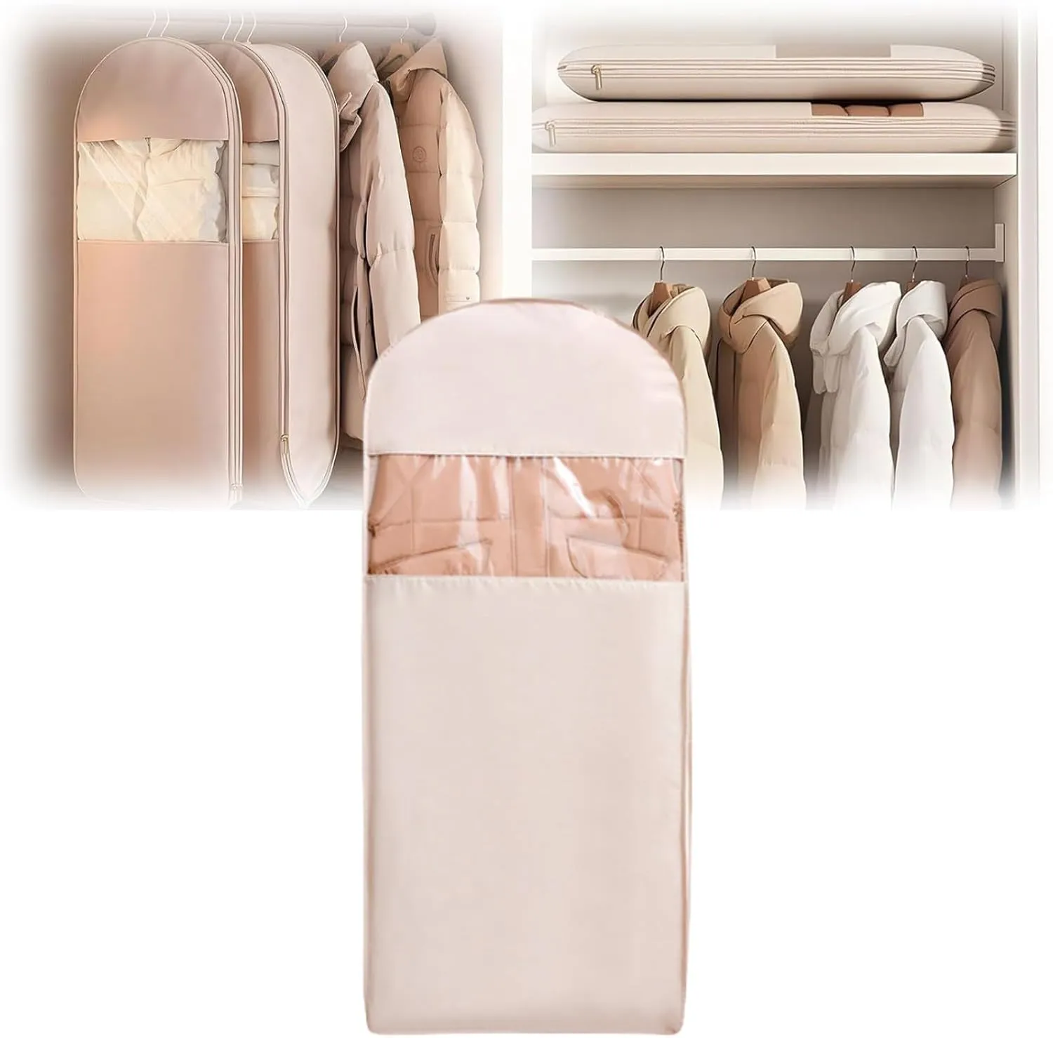 2025 Space Saving Hanging Garment Bag with Self Compression Zipper, Taprinferior Hanging Garment Bag, Dust Cover Clothes Bags for Travel, Down Coat, Suit (Pink,XL)