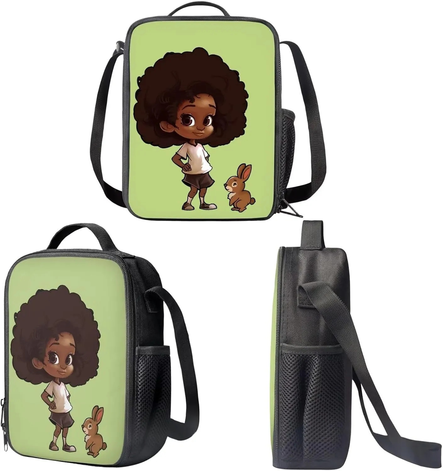 3 Pcs Backpack Set for Girls African Girl Backpack for School with Lunchbox Large Capacity Bunny Print Pencil Case Cute Insulated Lunch Bag for Kids