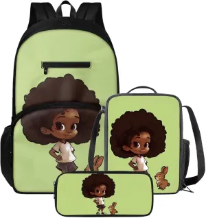 3 Pcs Backpack Set for Girls African Girl Backpack for School with Lunchbox Large Capacity Bunny Print Pencil Case Cute Insulated Lunch Bag for Kids