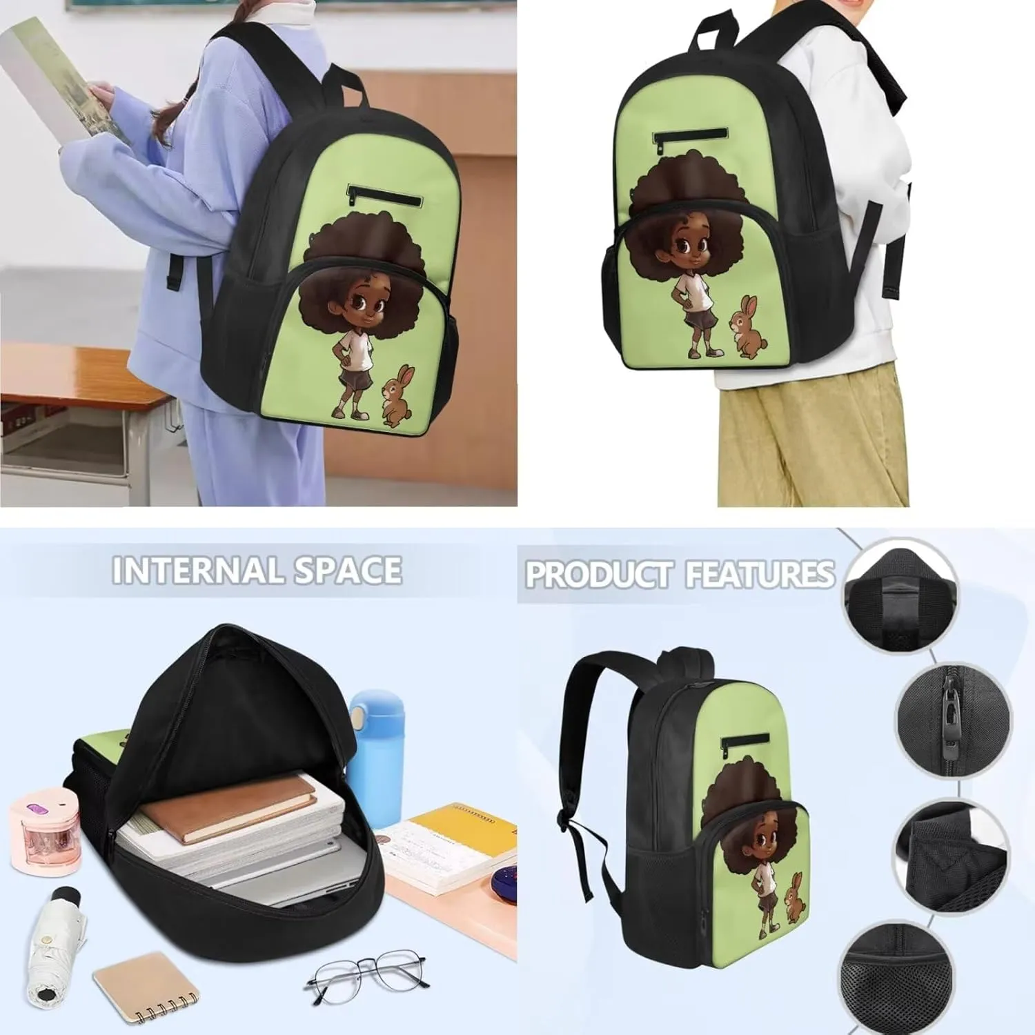 3 Pcs Backpack Set for Girls African Girl Backpack for School with Lunchbox Large Capacity Bunny Print Pencil Case Cute Insulated Lunch Bag for Kids