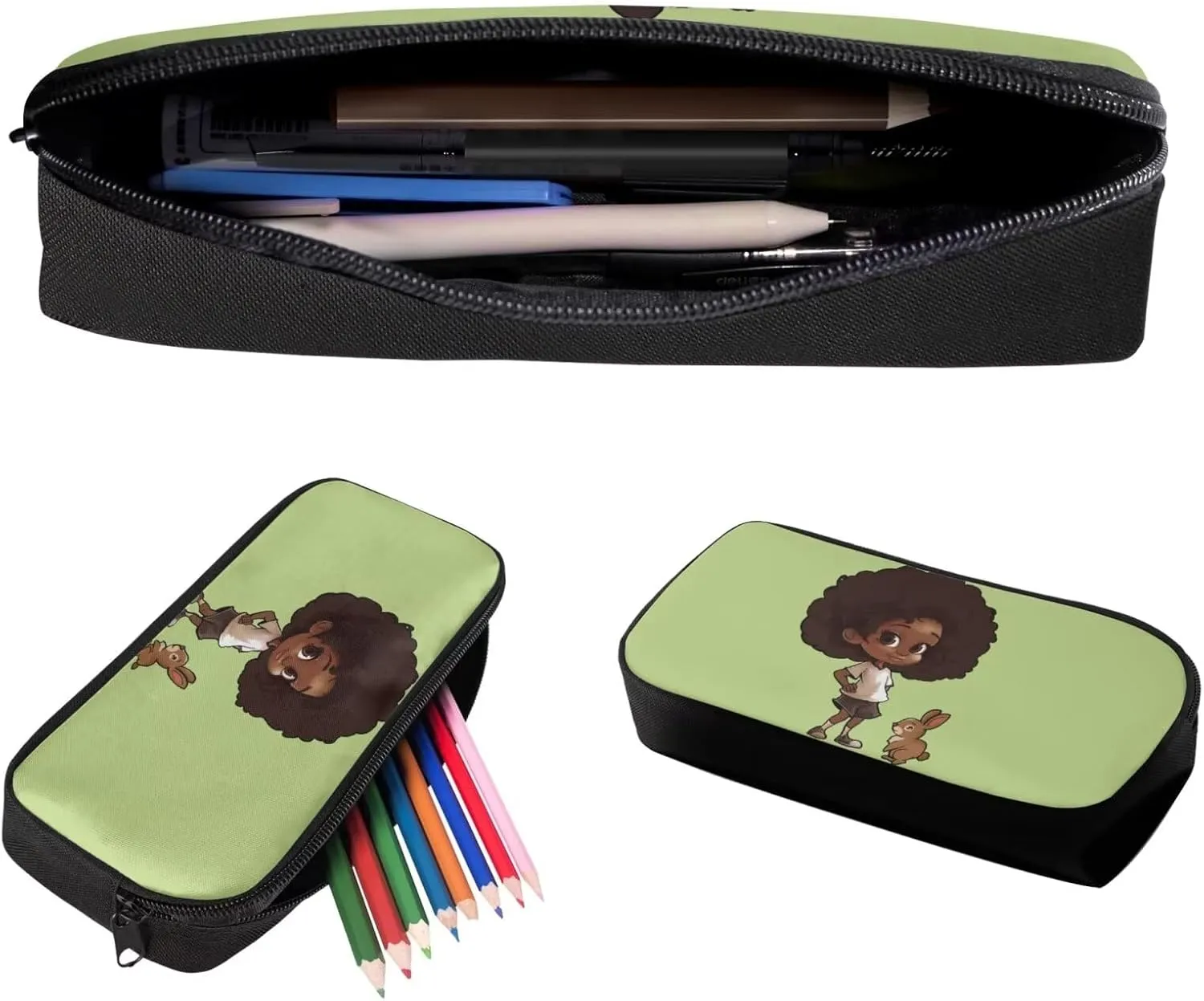 3 Pcs Backpack Set for Girls African Girl Backpack for School with Lunchbox Large Capacity Bunny Print Pencil Case Cute Insulated Lunch Bag for Kids