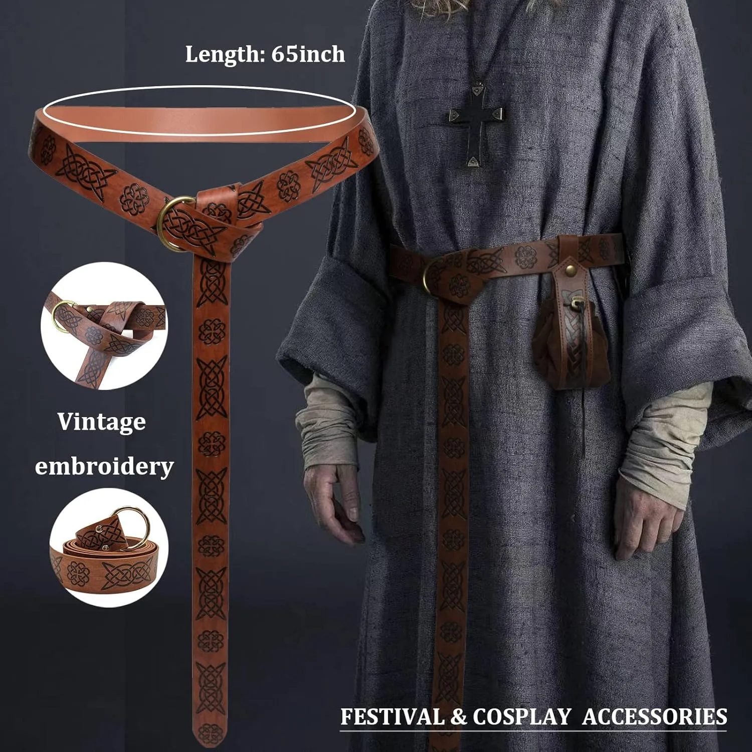 3 Pcs Halloween Renaissance Belt Pouch Coin Purse Phone Holder Skirt Hikes Medieval Viking Pirate Leather Belt Costume Sets (01-Brown)