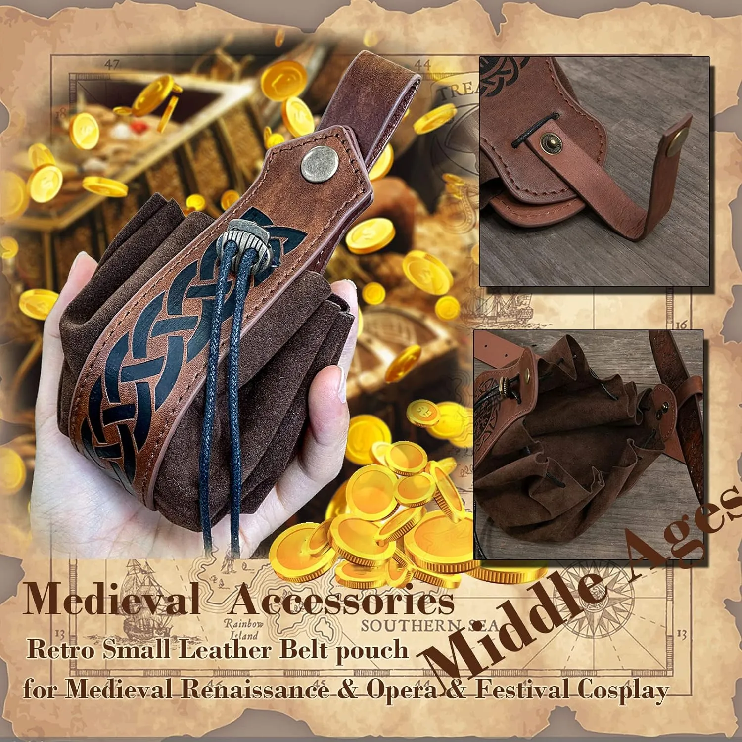3 Pcs Halloween Renaissance Belt Pouch Coin Purse Phone Holder Skirt Hikes Medieval Viking Pirate Leather Belt Costume Sets (01-Brown)