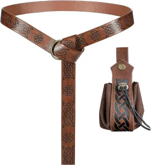 3 Pcs Halloween Renaissance Belt Pouch Coin Purse Phone Holder Skirt Hikes Medieval Viking Pirate Leather Belt Costume Sets (01-Brown)