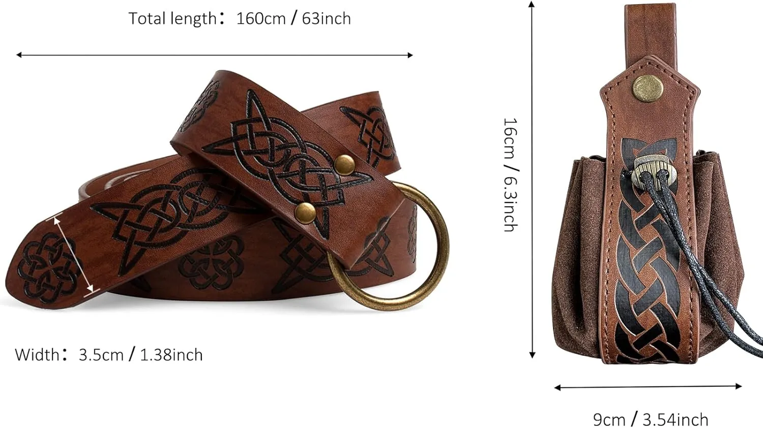 3 Pcs Halloween Renaissance Belt Pouch Coin Purse Phone Holder Skirt Hikes Medieval Viking Pirate Leather Belt Costume Sets (01-Brown)