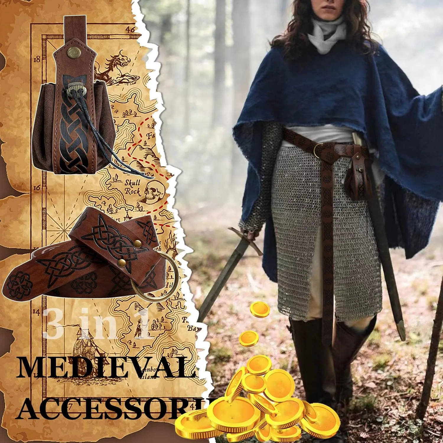 3 Pcs Halloween Renaissance Belt Pouch Coin Purse Phone Holder Skirt Hikes Medieval Viking Pirate Leather Belt Costume Sets (01-Brown)
