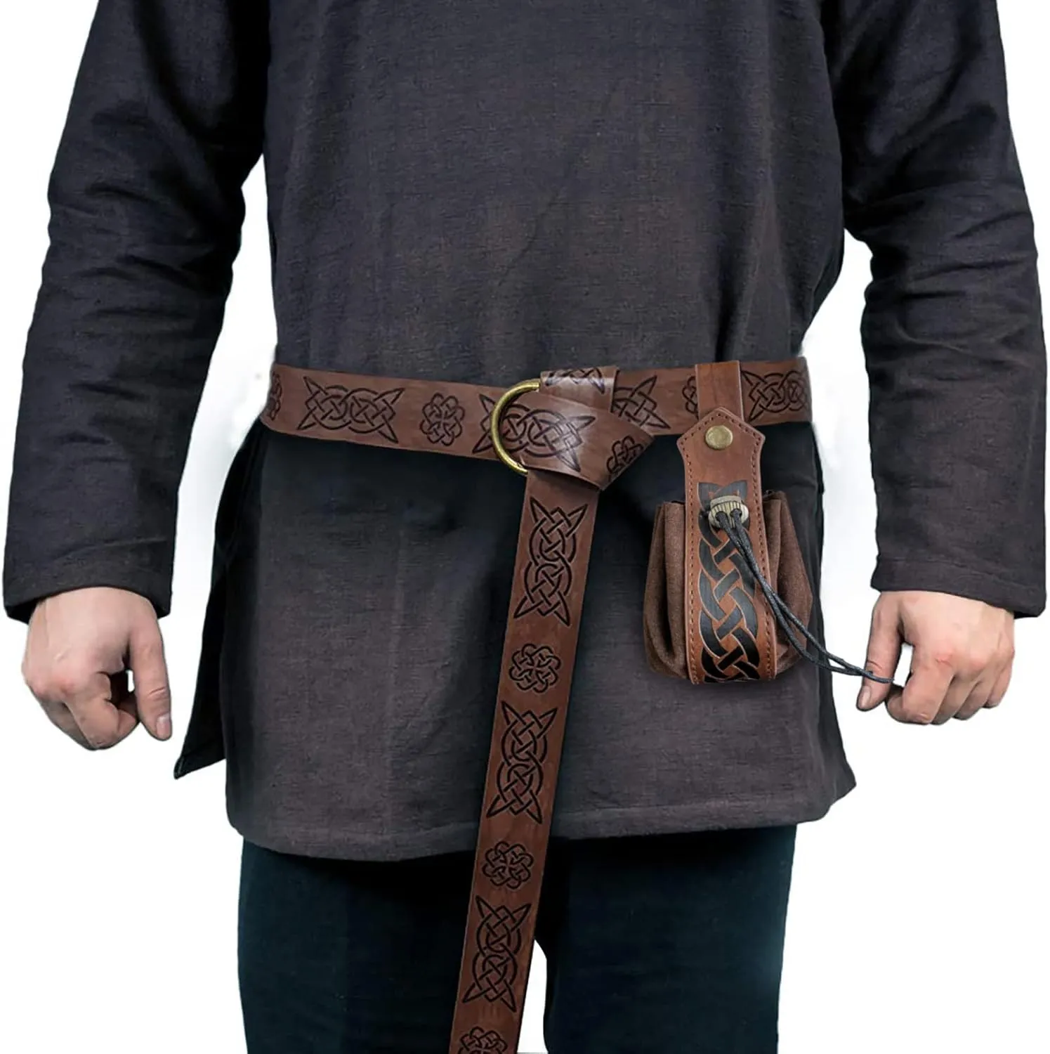 3 Pcs Halloween Renaissance Belt Pouch Coin Purse Phone Holder Skirt Hikes Medieval Viking Pirate Leather Belt Costume Sets (01-Brown)