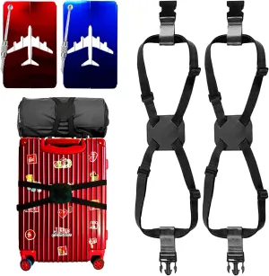 4 Pack Add a Bag Luggage Straps Suitcase Tags Set, 2 Pack Travel Ajustable Bag Bungees Elastic Suitcase Belt with 2 Pack Luggage Tags Name ID Card for Baggage Handbag Connecting