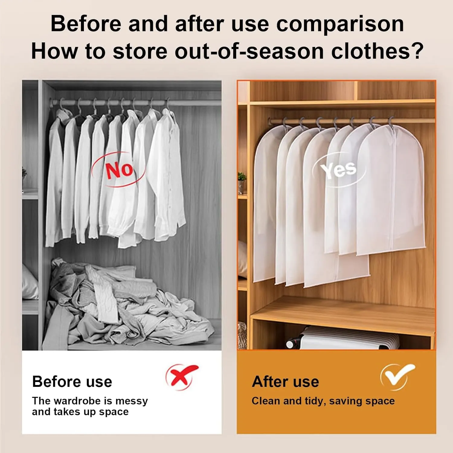 5 Piece Set Clear Garment Bags, Garment Bags for Hanging Clothes, Suit Cover with Zipper, Dusts, for Clothes, Gowns, Coats, Suits(60x80cm)