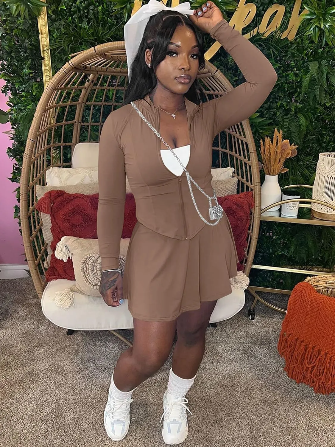 acelyn Women Casual 2 Piece Sets Summer Tracksuit Long Sleeve Zipper Jacket Crop Top Mini Skirt Skort Outfits