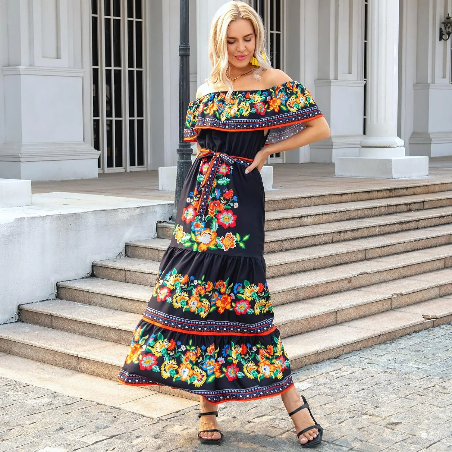 ACOSAP Women's Mexican Dress Summer Floral Print Off The Shoulder Sleeveless Beach Long Maxi Dress
