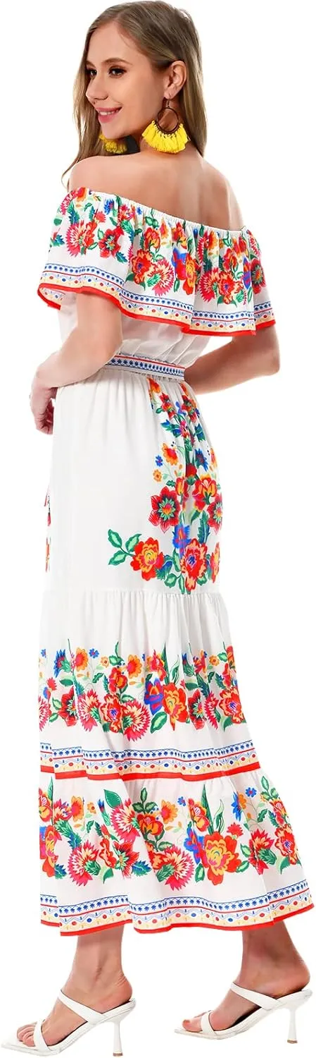 ACOSAP Women's Mexican Dress Summer Floral Print Off The Shoulder Sleeveless Beach Long Maxi Dress