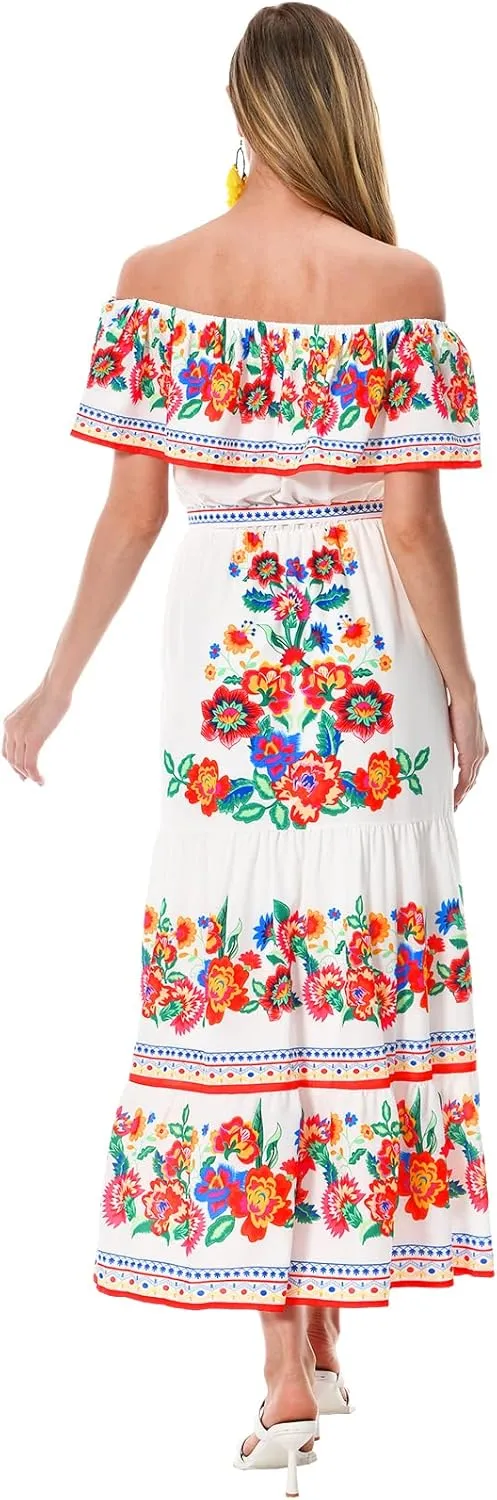 ACOSAP Women's Mexican Dress Summer Floral Print Off The Shoulder Sleeveless Beach Long Maxi Dress