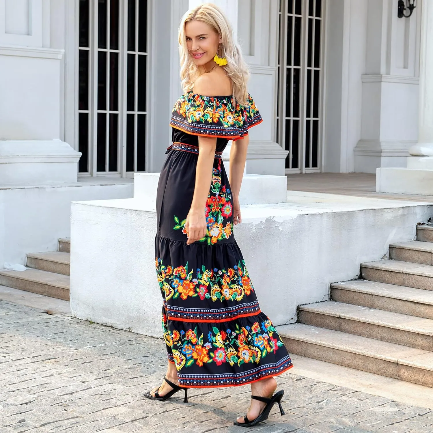 ACOSAP Women's Mexican Dress Summer Floral Print Off The Shoulder Sleeveless Beach Long Maxi Dress