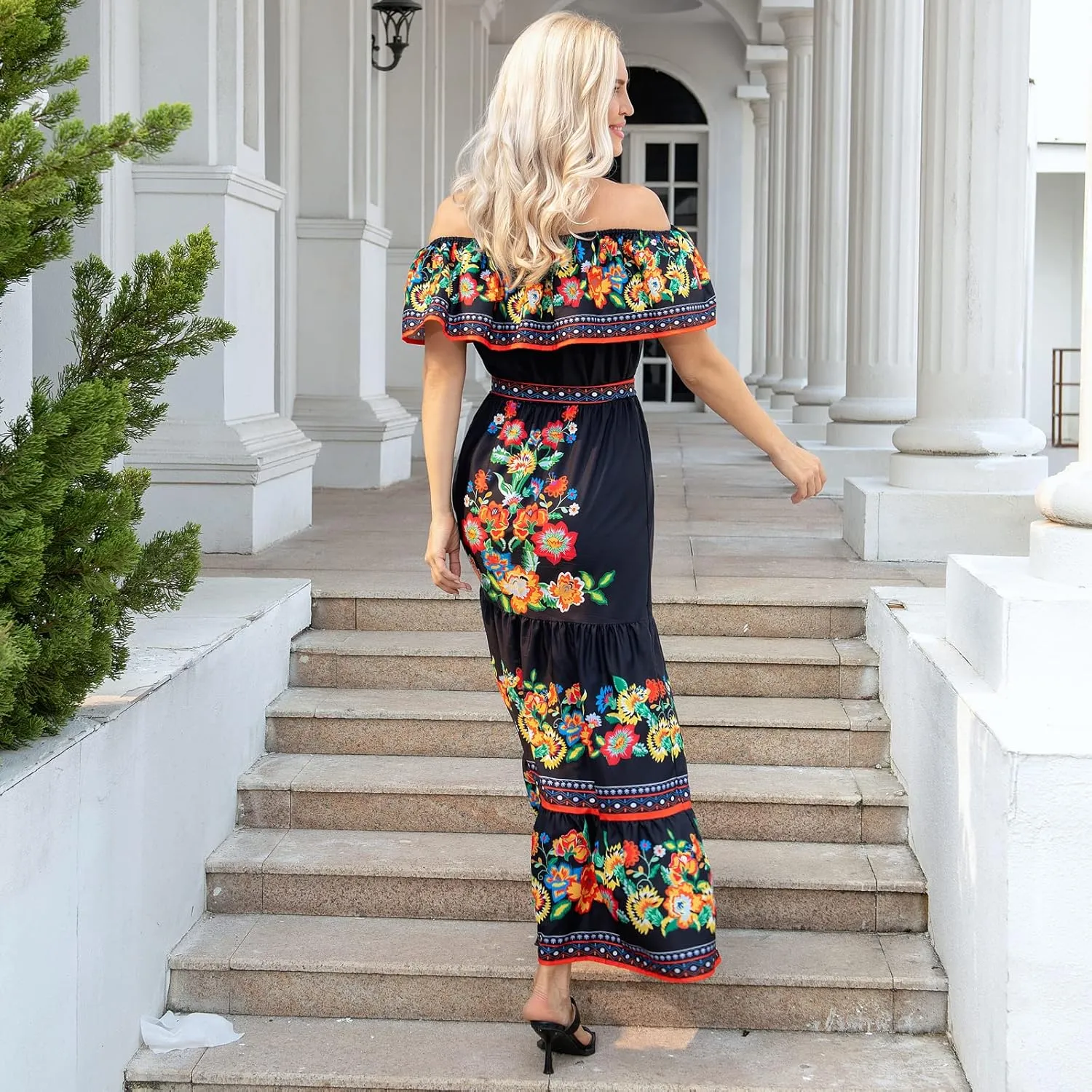 ACOSAP Women's Mexican Dress Summer Floral Print Off The Shoulder Sleeveless Beach Long Maxi Dress