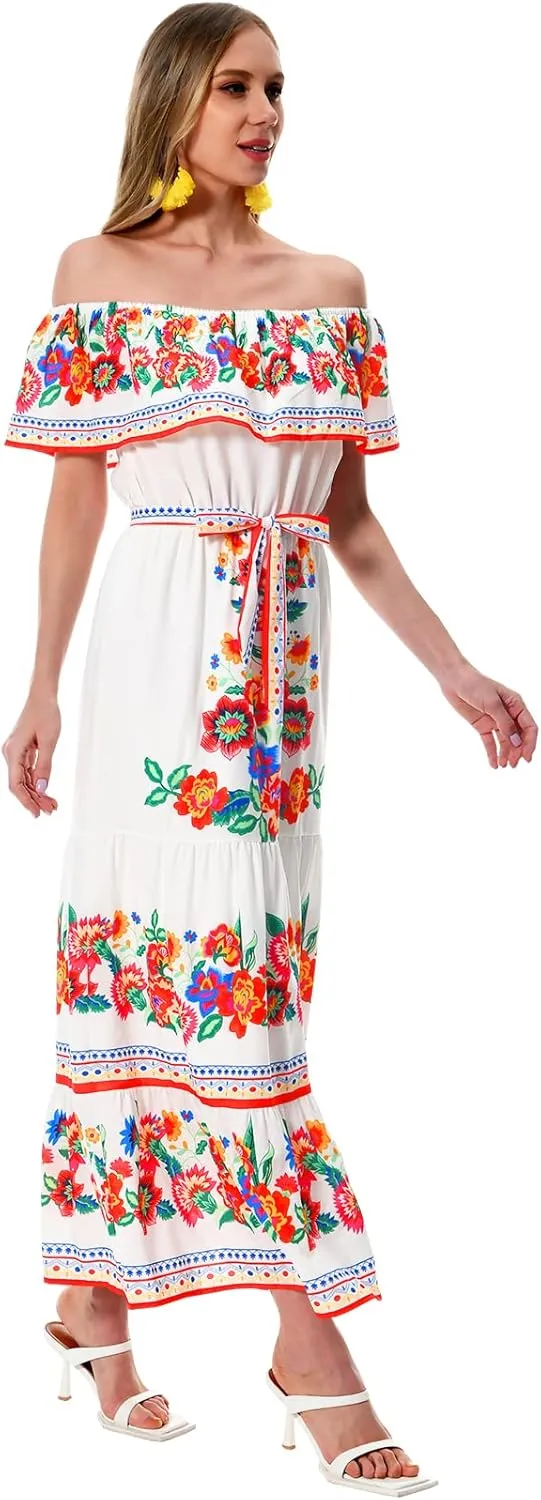 ACOSAP Women's Mexican Dress Summer Floral Print Off The Shoulder Sleeveless Beach Long Maxi Dress