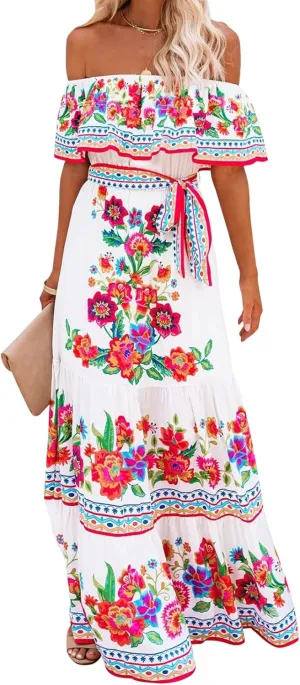ACOSAP Women's Mexican Dress Summer Floral Print Off The Shoulder Sleeveless Beach Long Maxi Dress