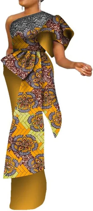 African Dresses for Women Single Shoulder Traditional Ankara Kente Print Pencil Skirt for Evening Party Wedding