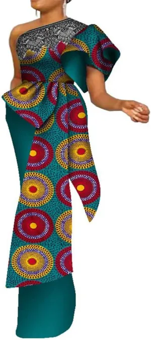African Dresses for Women Single Shoulder Traditional Ankara Kente Print Pencil Skirt for Evening Party Wedding