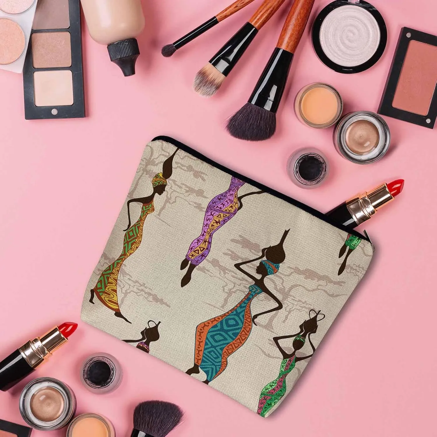 African Woman Makeup Bags Makeup Organizer, Black African Women With Vases Flax Toiletry Bags Travel Cosmetic Bag Makeup Purse Pouch Skincare Bag Wallet Bags For Women Female Mom Daughter