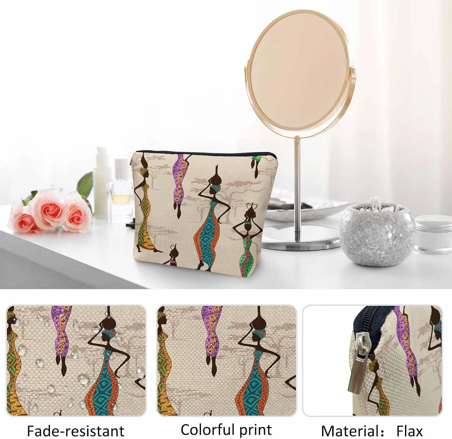 African Woman Makeup Bags Makeup Organizer, Black African Women With Vases Flax Toiletry Bags Travel Cosmetic Bag Makeup Purse Pouch Skincare Bag Wallet Bags For Women Female Mom Daughter