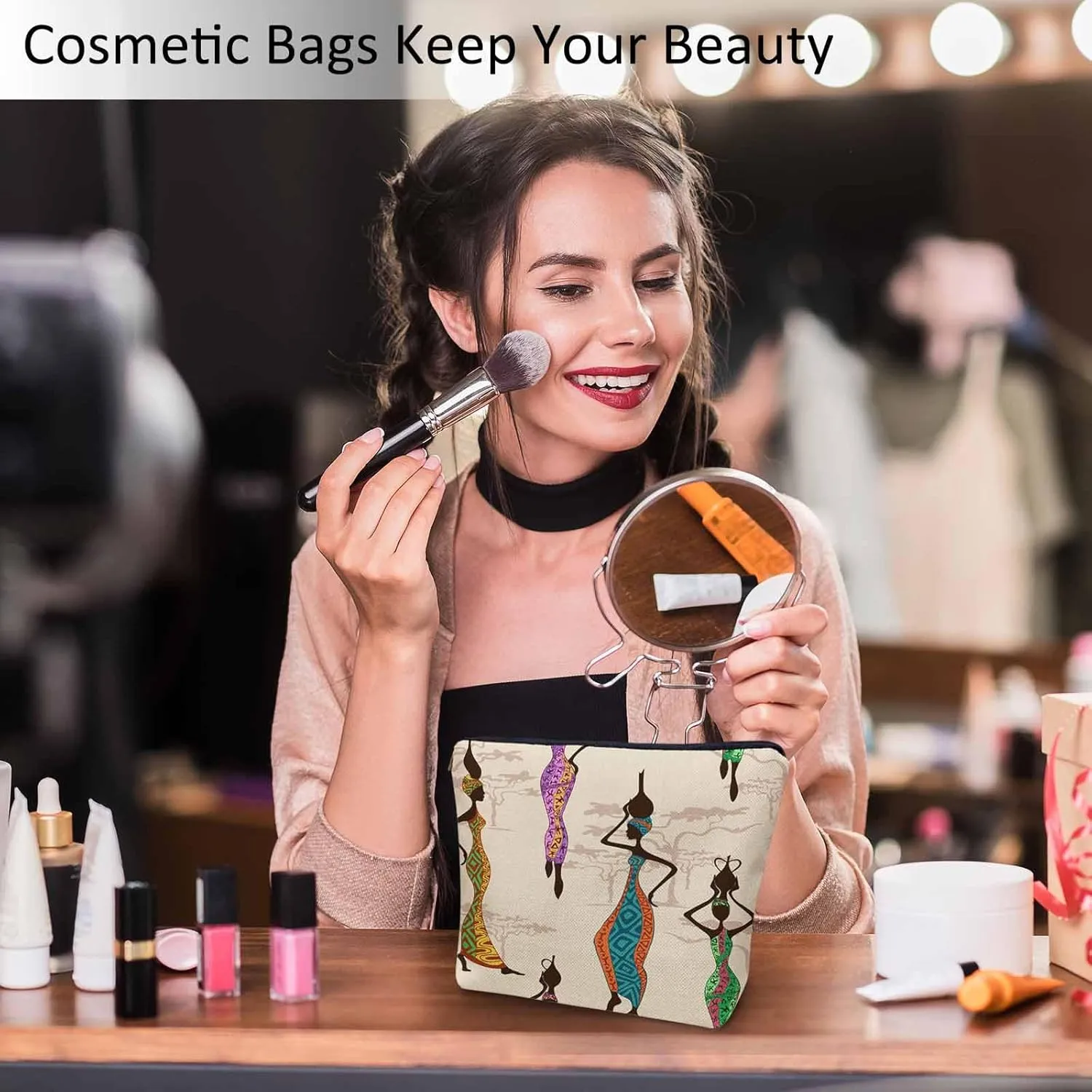 African Woman Makeup Bags Makeup Organizer, Black African Women With Vases Flax Toiletry Bags Travel Cosmetic Bag Makeup Purse Pouch Skincare Bag Wallet Bags For Women Female Mom Daughter
