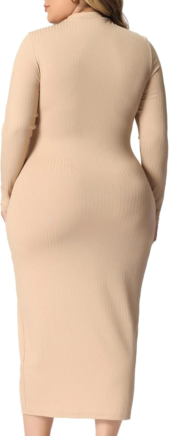 Agnes Orinda Plus Size Women Dresses Round Neck Cut Out Front Knee Slim Split Hem Bodycon Dress