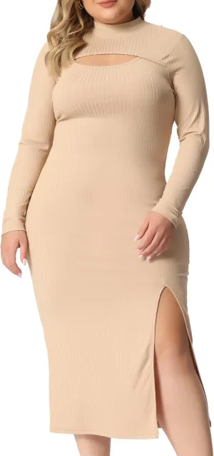 Agnes Orinda Plus Size Women Dresses Round Neck Cut Out Front Knee Slim Split Hem Bodycon Dress