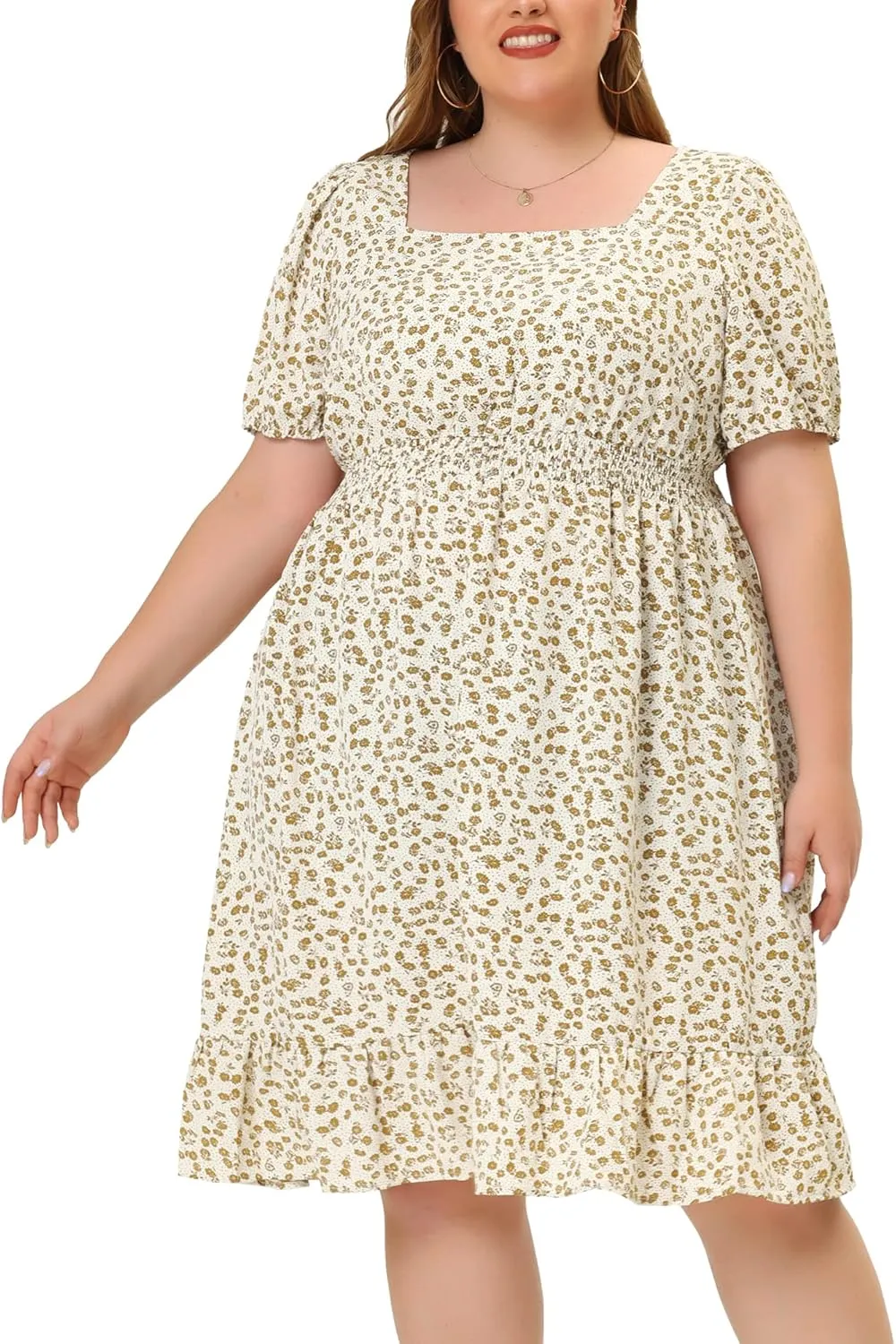 Agnes Orinda Plus Size Women's Dresses Short Sleeve Square Neck Elastic Waist Floral Dress Summer 2024
