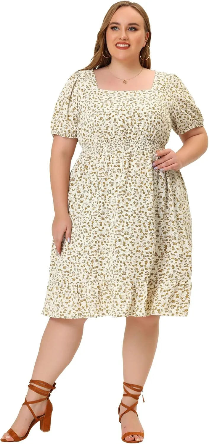 Agnes Orinda Plus Size Women's Dresses Short Sleeve Square Neck Elastic Waist Floral Dress Summer 2024