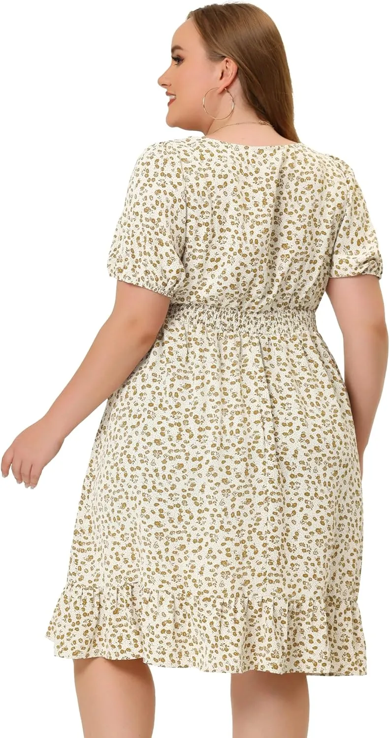 Agnes Orinda Plus Size Women's Dresses Short Sleeve Square Neck Elastic Waist Floral Dress Summer 2024