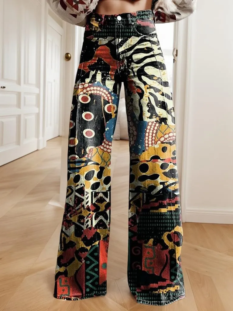 Akivide Womens Oversized Fake Denim Floral Print Wide Leg Pants Casual Loose Graphic High Waist Ziper Strethy Flare Trousers