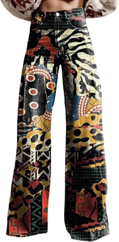 Akivide Womens Oversized Fake Denim Floral Print Wide Leg Pants Casual Loose Graphic High Waist Ziper Strethy Flare Trousers