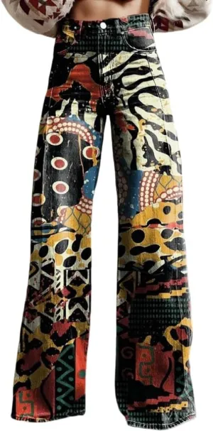 Akivide Womens Oversized Fake Denim Floral Print Wide Leg Pants Casual Loose Graphic High Waist Ziper Strethy Flare Trousers