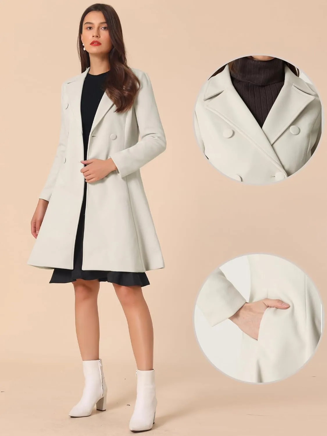Allegra K Mid-Long Winter Coat for Women's Lapel Collar Double Breast A-Line Coat