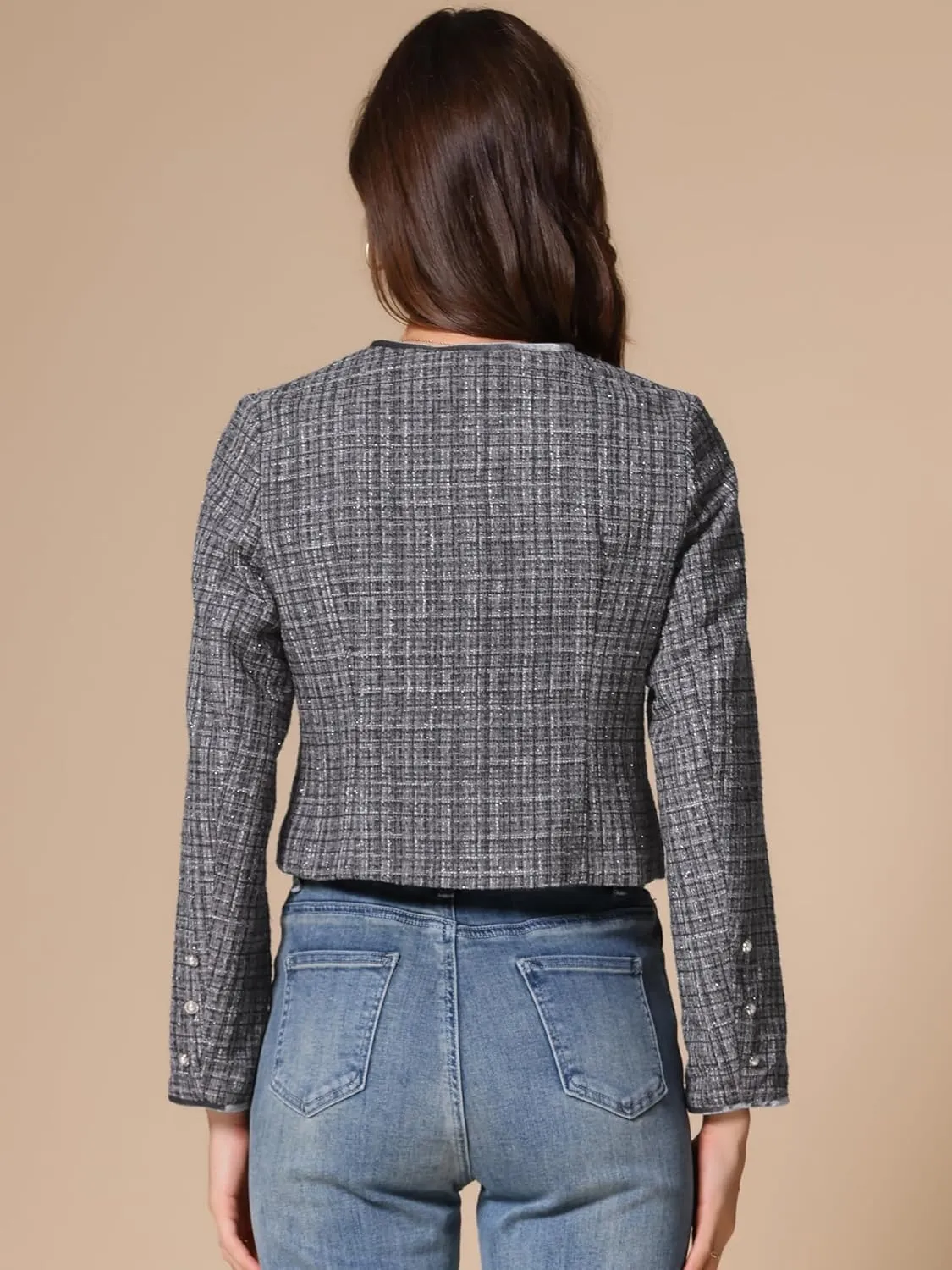 Allegra K Tweed Jacket for Women's Long Sleeve Casual Work Office Plaid Short Outwear