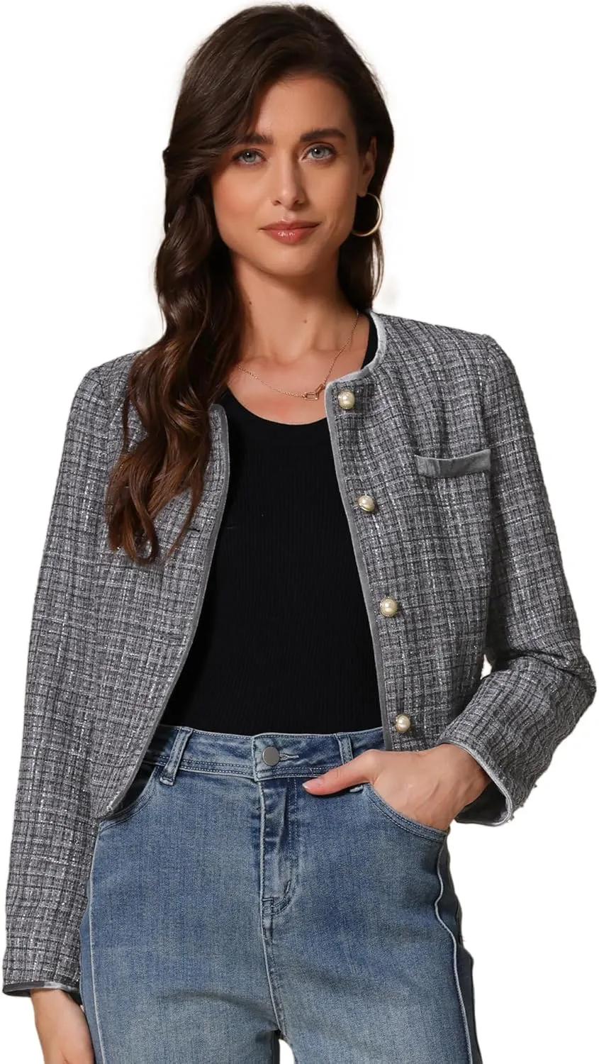 Allegra K Tweed Jacket for Women's Long Sleeve Casual Work Office Plaid Short Outwear