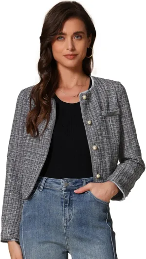 Allegra K Tweed Jacket for Women's Long Sleeve Casual Work Office Plaid Short Outwear